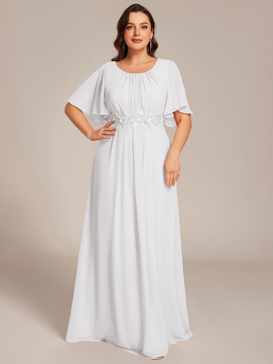 Bodenlanger A-Linien Chiffonkleid Mit Raffung Blumenmuster Und Applikationen #Farbe_Weiß