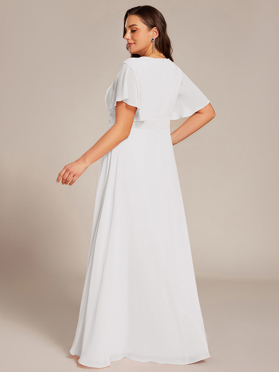 Bodenlanger A-Linien Chiffonkleid Mit Raffung Blumenmuster Und Applikationen #Farbe_Weiß
