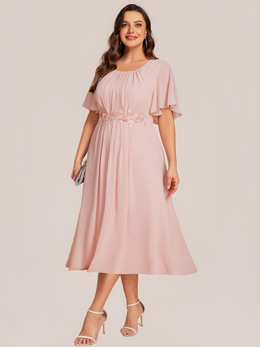 Midi Länge A Linie Chiffon Kleid Mit Rundhalsausschnitt Raffung Blumenmuster Und Applikationen #Farbe_Pink