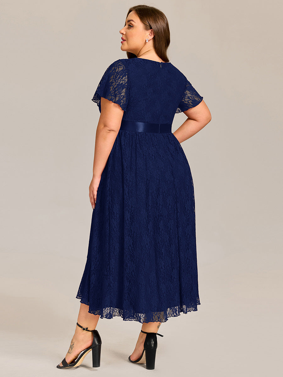 Hochtief Spitzen A Linie Kleid Mit Rundhalsausschnitt Blumenmuster Und Durchsichtigen Details Kleid #Farbe_Marineblau