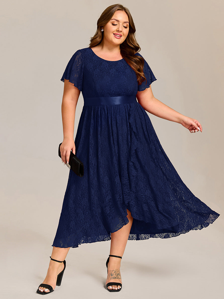 Hochtief Spitzen A Linie Kleid Mit Rundhalsausschnitt Blumenmuster Und Durchsichtigen Details Kleid #Farbe_Marineblau