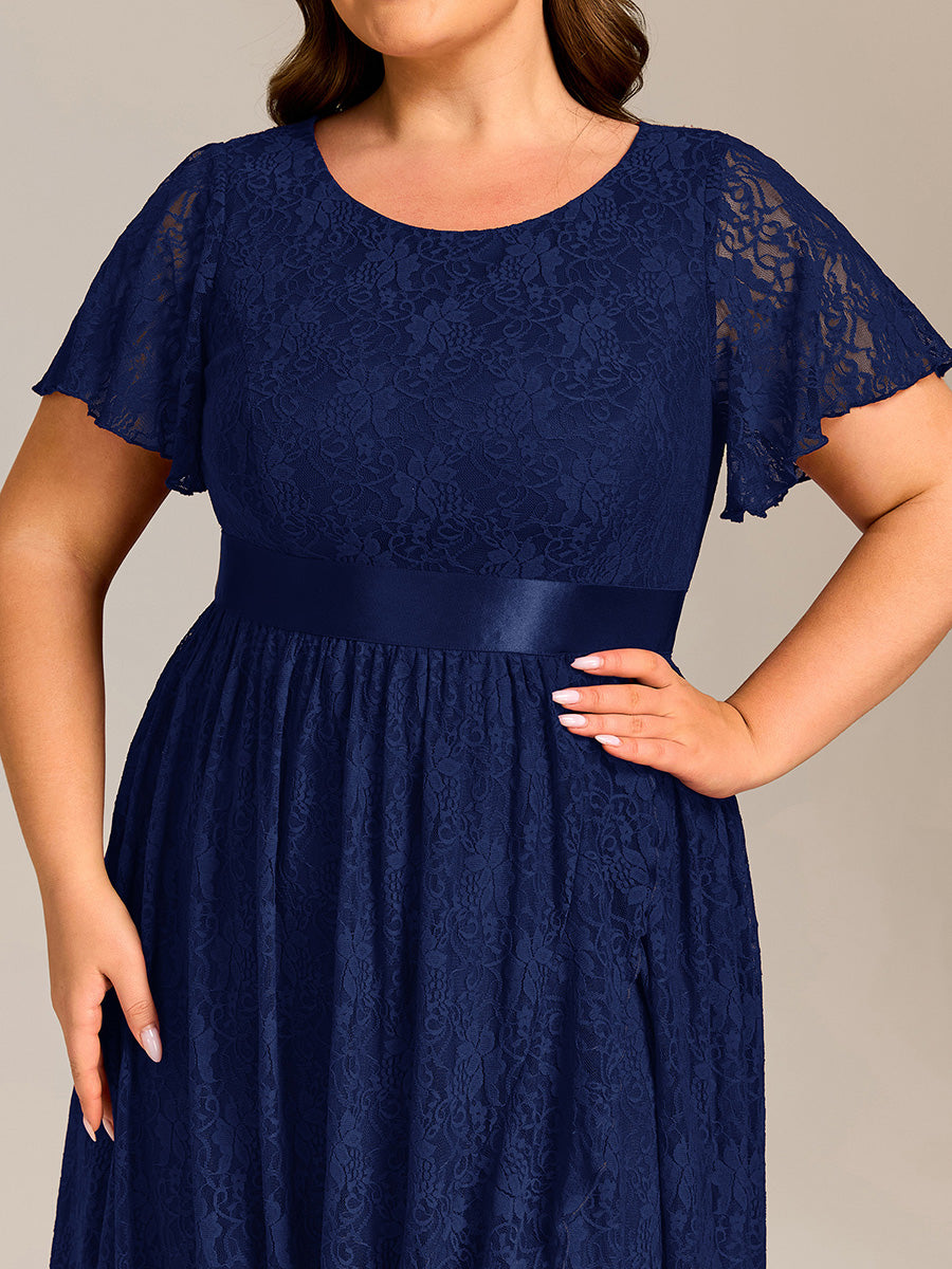 Hochtief Spitzen A Linie Kleid Mit Rundhalsausschnitt Blumenmuster Und Durchsichtigen Details Kleid #Farbe_Marineblau