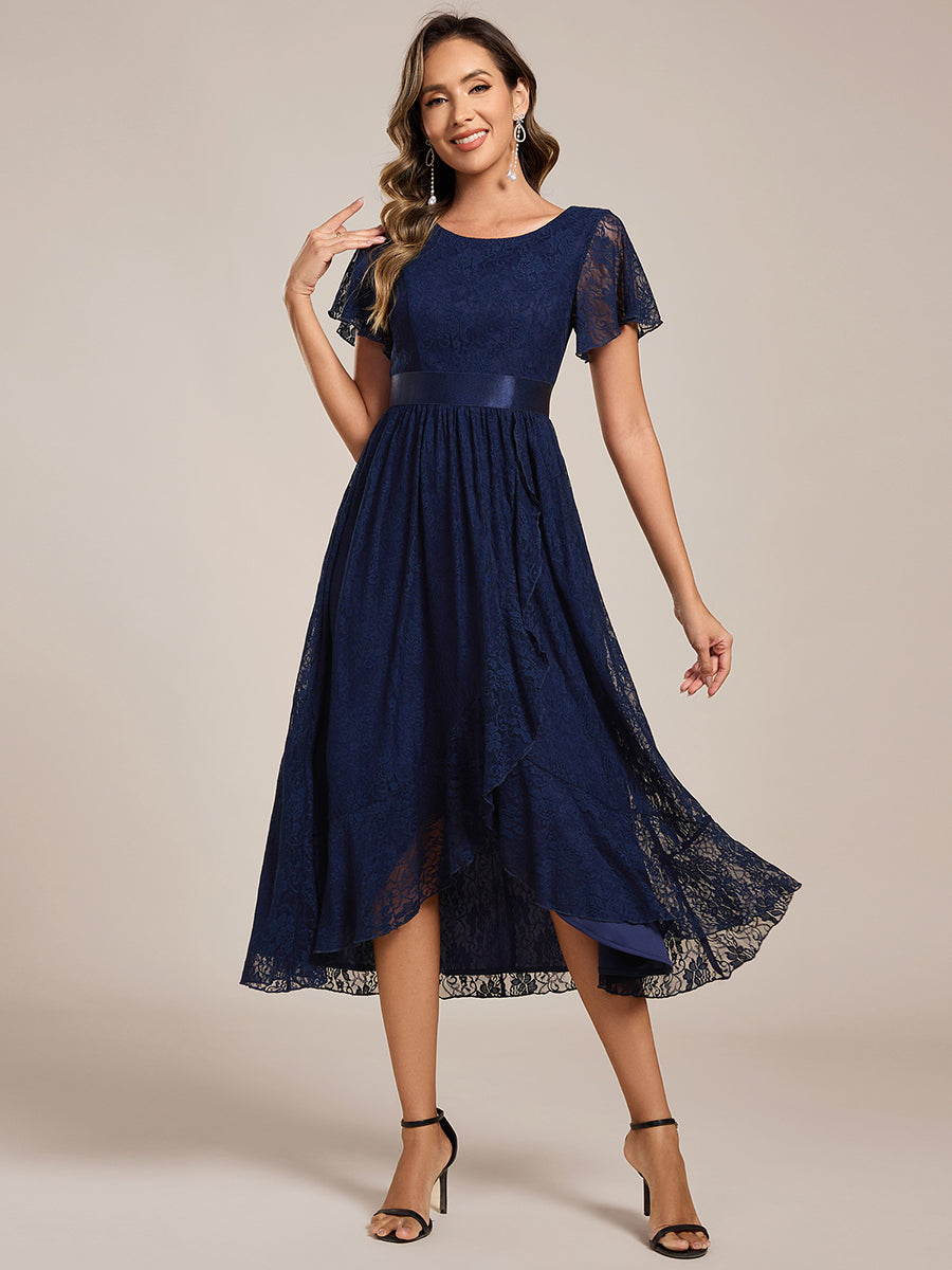 Hochtief Spitzen A Linie Kleid Mit Rundhalsausschnitt Blumenmuster Und Durchsichtigen Details Kleid #Farbe_Marineblau