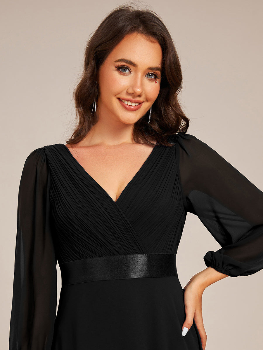 Funkelndes Abendkleid in A-Linie mit Empire-Taille und langen ?rmeln #farbe_Schwarz