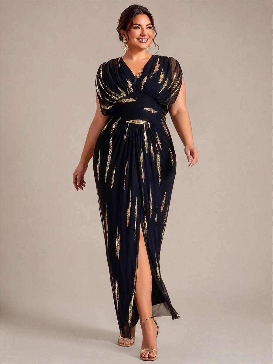 Maxilänge V-Ausschnitt Figurbetontes Kleid Aus Tüll Mit Schlitz Und 3D Drapierung Pailletten #Farbe_Schwarz / Metallisches Gold