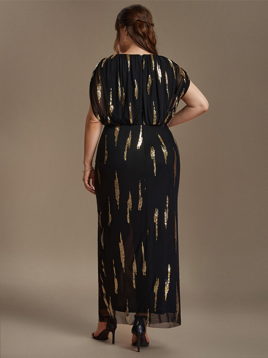 Maxilänge V-Ausschnitt Figurbetontes Kleid Aus Tüll Mit Schlitz Und 3D Drapierung Pailletten #Farbe_Schwarz & Gold