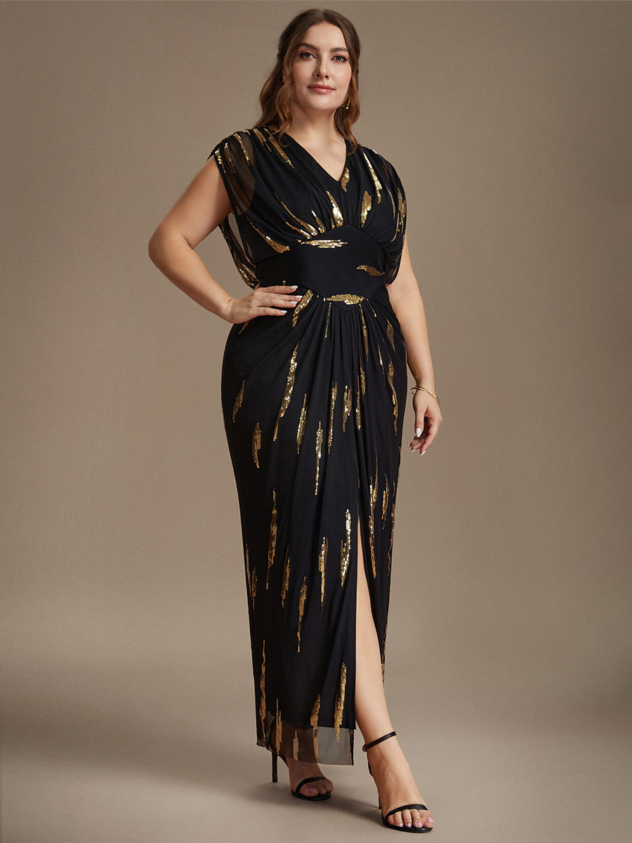 Maxilänge V-Ausschnitt Figurbetontes Kleid Aus Tüll Mit Schlitz Und 3D Drapierung Pailletten #Farbe_Schwarz & Gold