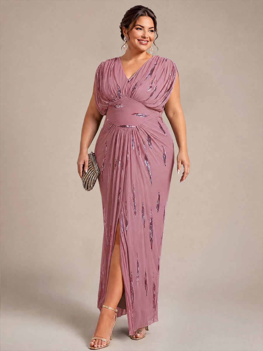 Maxilänge V-Ausschnitt Figurbetontes Kleid Aus Tüll Mit Schlitz Und 3D Drapierung Pailletten #Farbe_Orchideenviolett