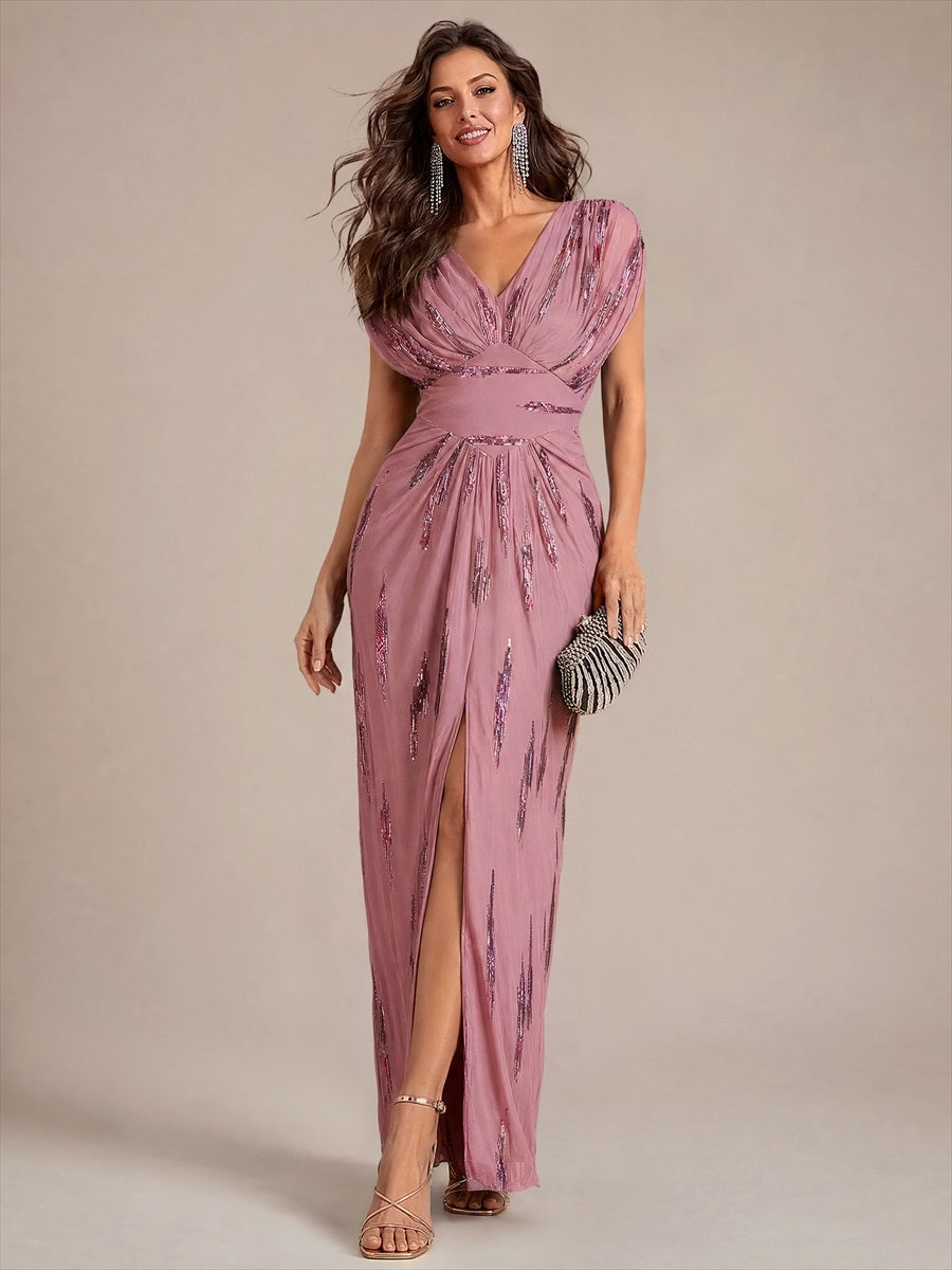 Maxilänge V-Ausschnitt Figurbetontes Kleid Aus Tüll Mit Schlitz Und 3D Drapierung Pailletten #Farbe_Orchideenviolett
