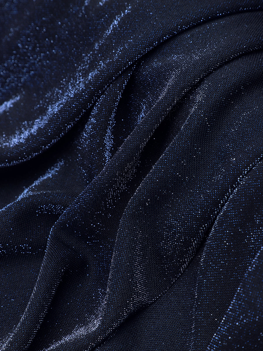 Maxilänge V-Ausschnitt A-Linien Kleid Aus Lurex Netzstoff Mit 3D Drapierung #Farbe_Marineblau
