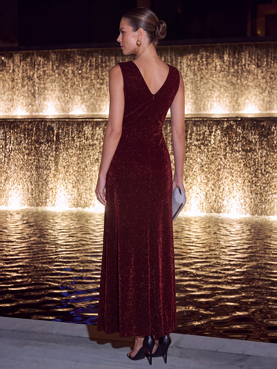 Maxilänge V-Ausschnitt Etui-Kleid Aus Lurex-Netzstoff Schlitz Zum Binden