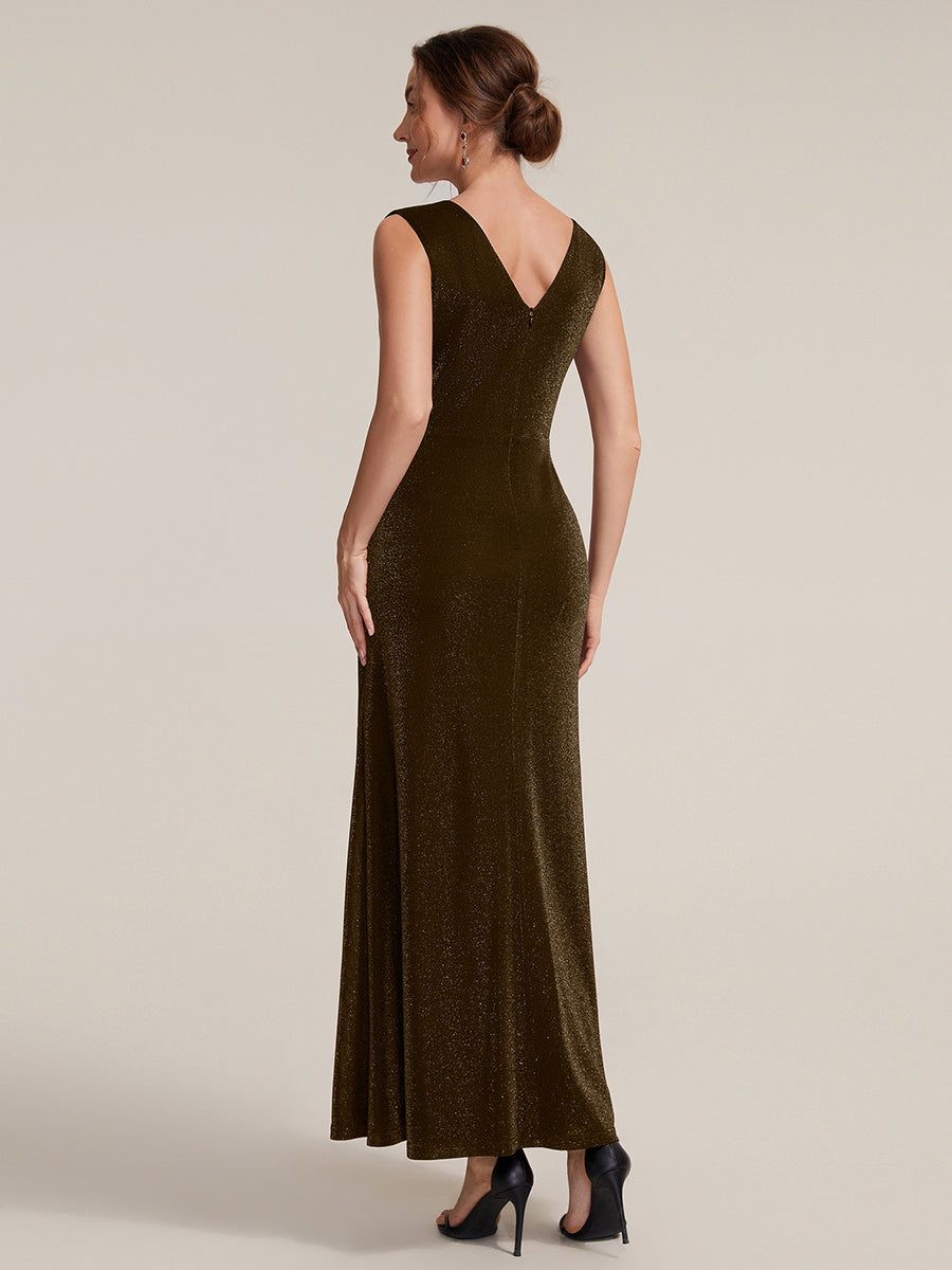Maxilänge V-Ausschnitt Etui-Kleid Aus Lurex-Netzstoff Schlitz Zum Binden #Farbe_Braun