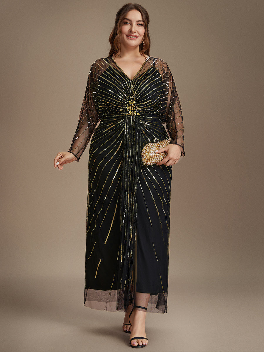 Maxilänge V-Ausschnitt Etui Kleid Aus Tüll Mit Schlitz Und Perlenbesetzt #Farbe_Schwarz & Gold