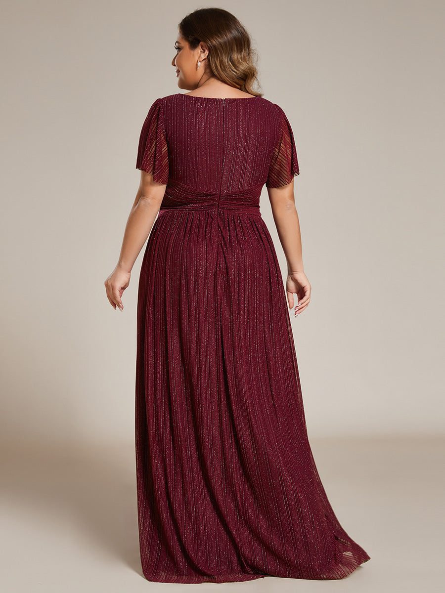 Bodenlanger V-Ausschnitt A-Linie Mesh Kleid Mit Falten Details Elegantes Abendkleid #Farbe_Burgunderrot
