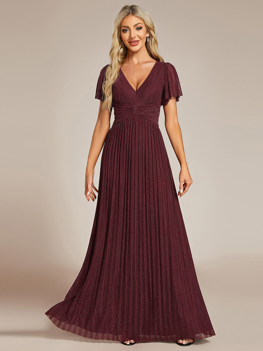 Bodenlanger V-Ausschnitt A-Linie Mesh Kleid Mit Falten Details Elegantes Abendkleid #Farbe_Burgunderrot