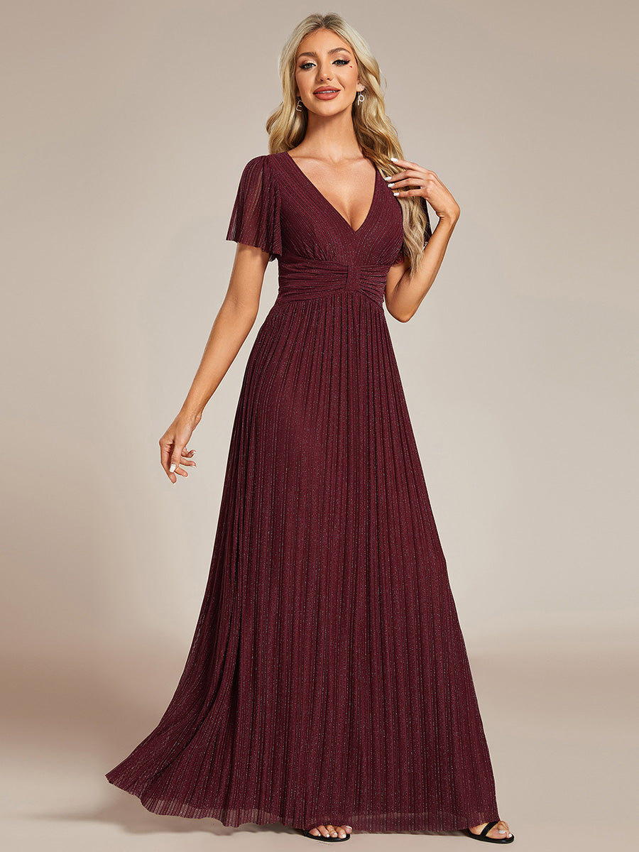 Bodenlanger V-Ausschnitt A-Linie Mesh Kleid Mit Falten Details Elegantes Abendkleid #Farbe_Burgunderrot