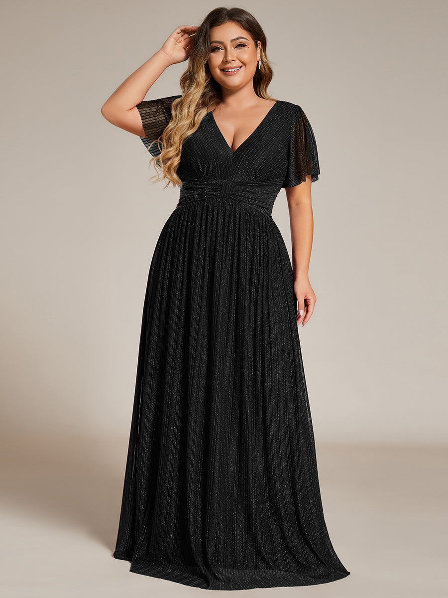 Bodenlanger V-Ausschnitt A-Linie Mesh Kleid Mit Falten Details Elegantes Abendkleid #Farbe_Schwarz