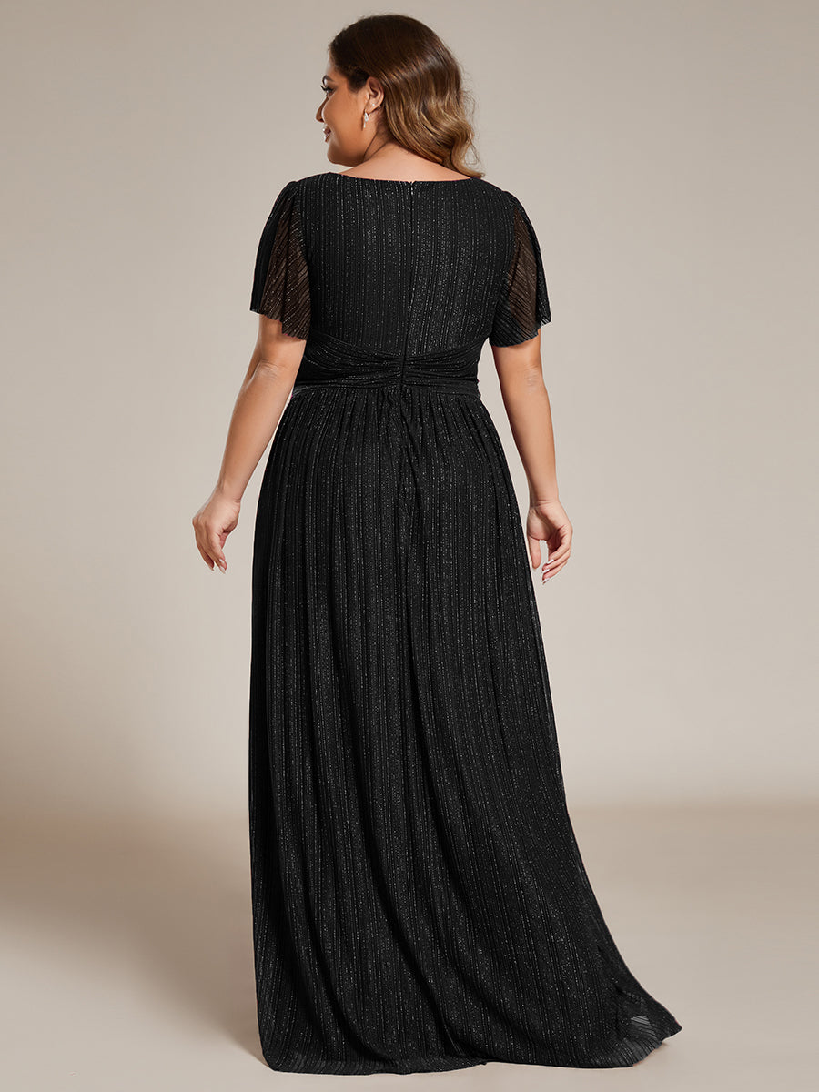 Bodenlanger V-Ausschnitt A-Linie Mesh Kleid Mit Falten Details Elegantes Abendkleid #Farbe_Schwarz