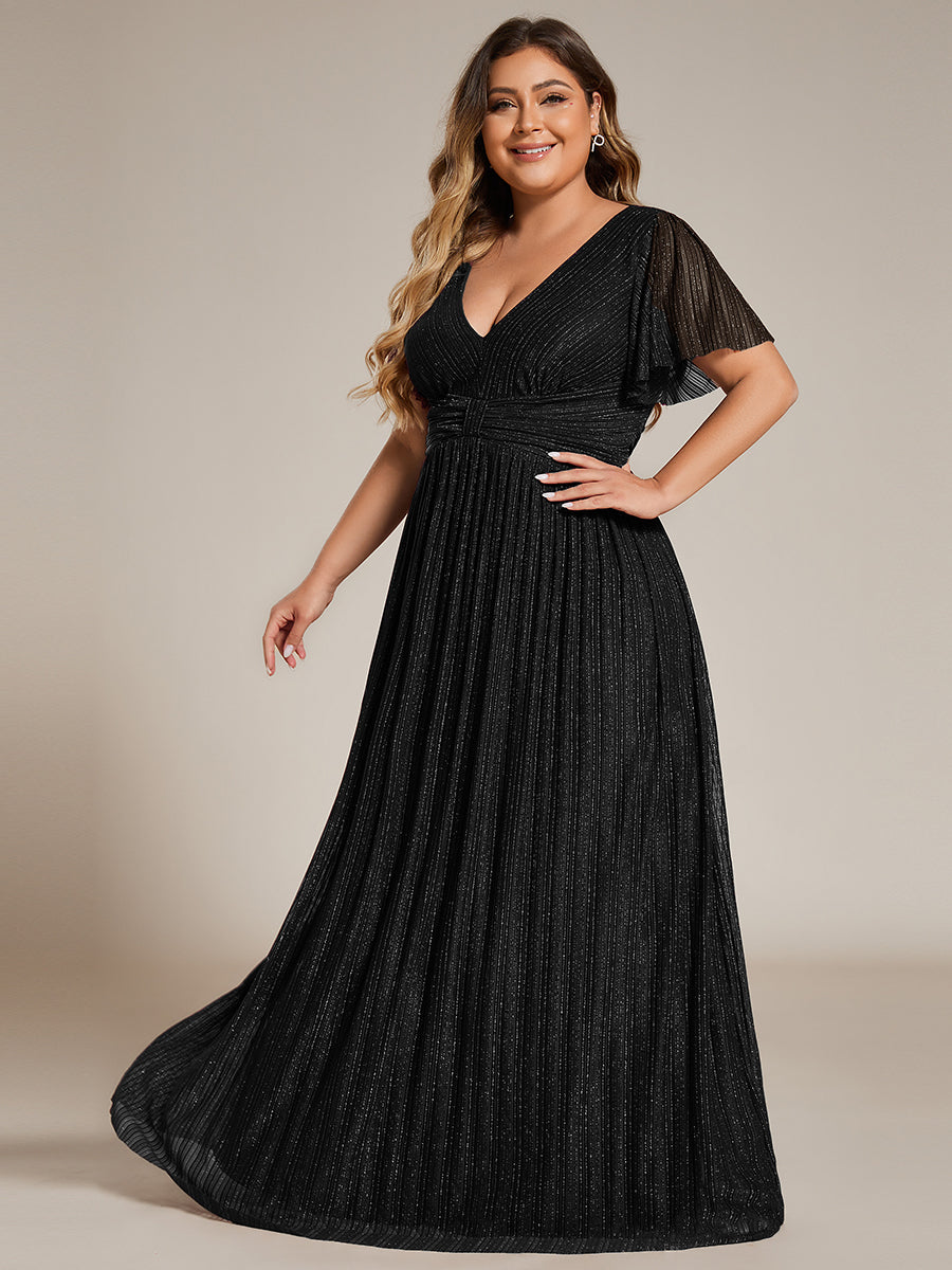 Bodenlanger V-Ausschnitt A-Linie Mesh Kleid Mit Falten Details Elegantes Abendkleid #Farbe_Schwarz