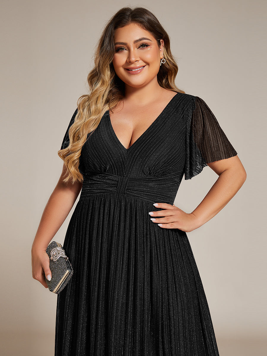 Bodenlanger V-Ausschnitt A-Linie Mesh Kleid Mit Falten Details Elegantes Abendkleid #Farbe_Schwarz