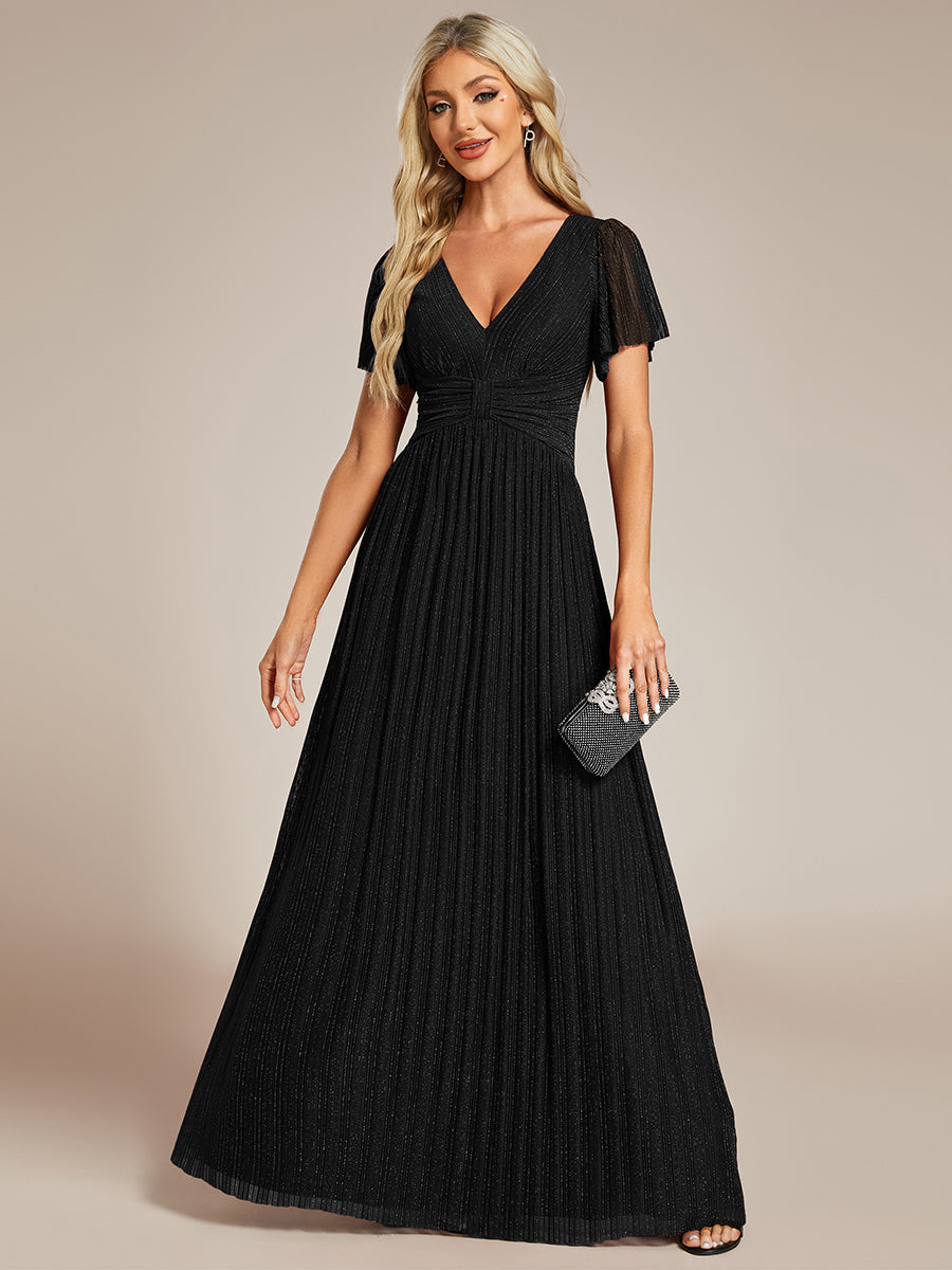 Bodenlanger V-Ausschnitt A-Linie Mesh Kleid Mit Falten Details Elegantes Abendkleid #Farbe_Schwarz
