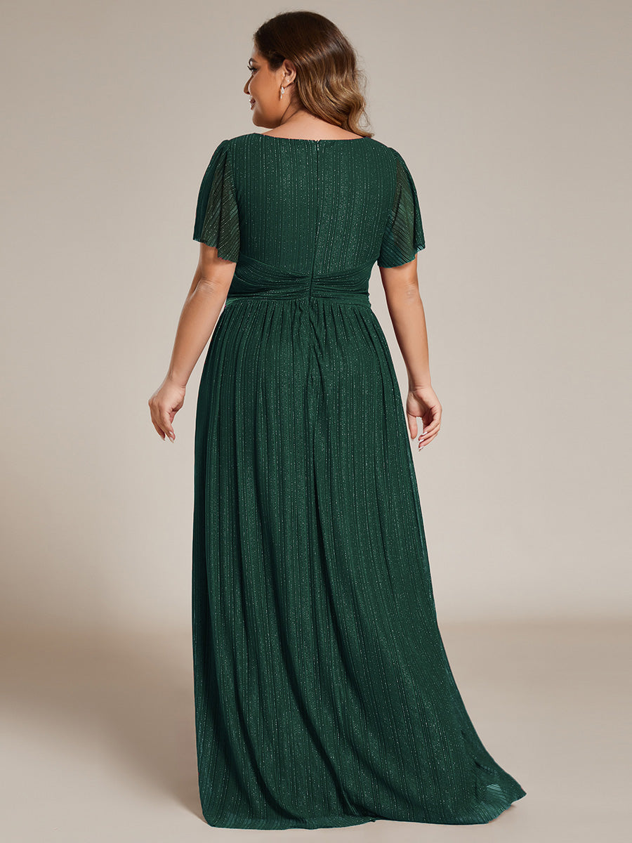 Bodenlanger V-Ausschnitt A-Linie Mesh Kleid Mit Falten Details Elegantes Abendkleid #Farbe_Dunkelgrün