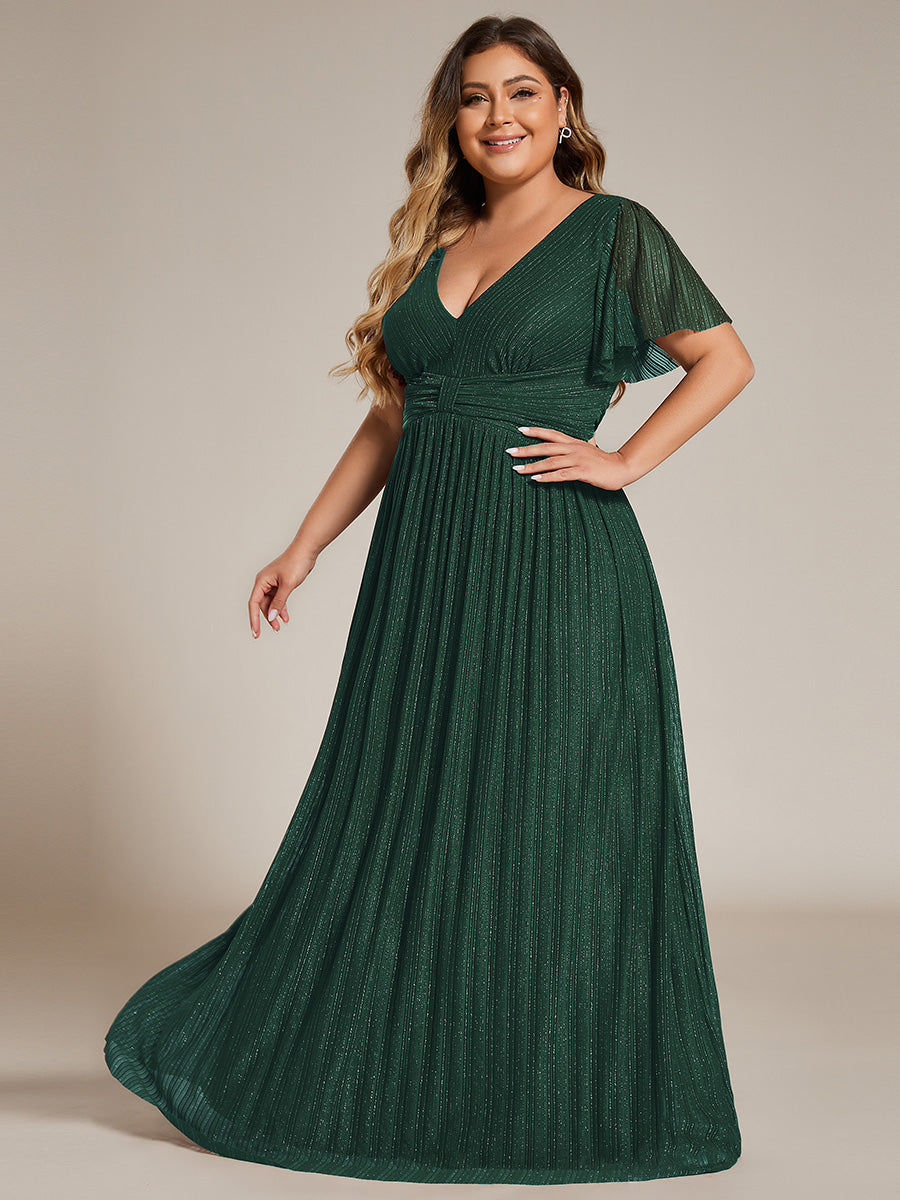 Bodenlanger V-Ausschnitt A-Linie Mesh Kleid Mit Falten Details Elegantes Abendkleid #Farbe_Dunkelgrün