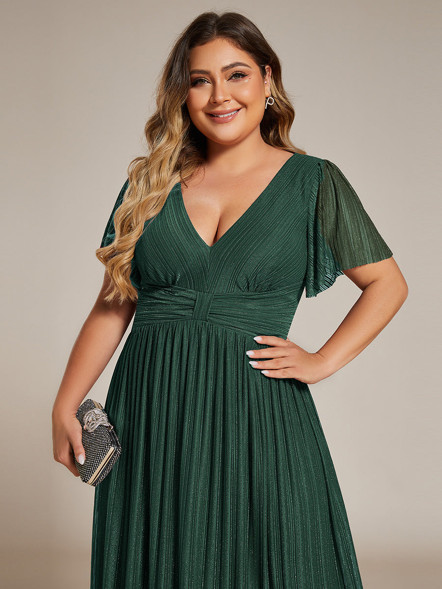 Bodenlanger V-Ausschnitt A-Linie Mesh Kleid Mit Falten Details Elegantes Abendkleid #Farbe_Dunkelgrün