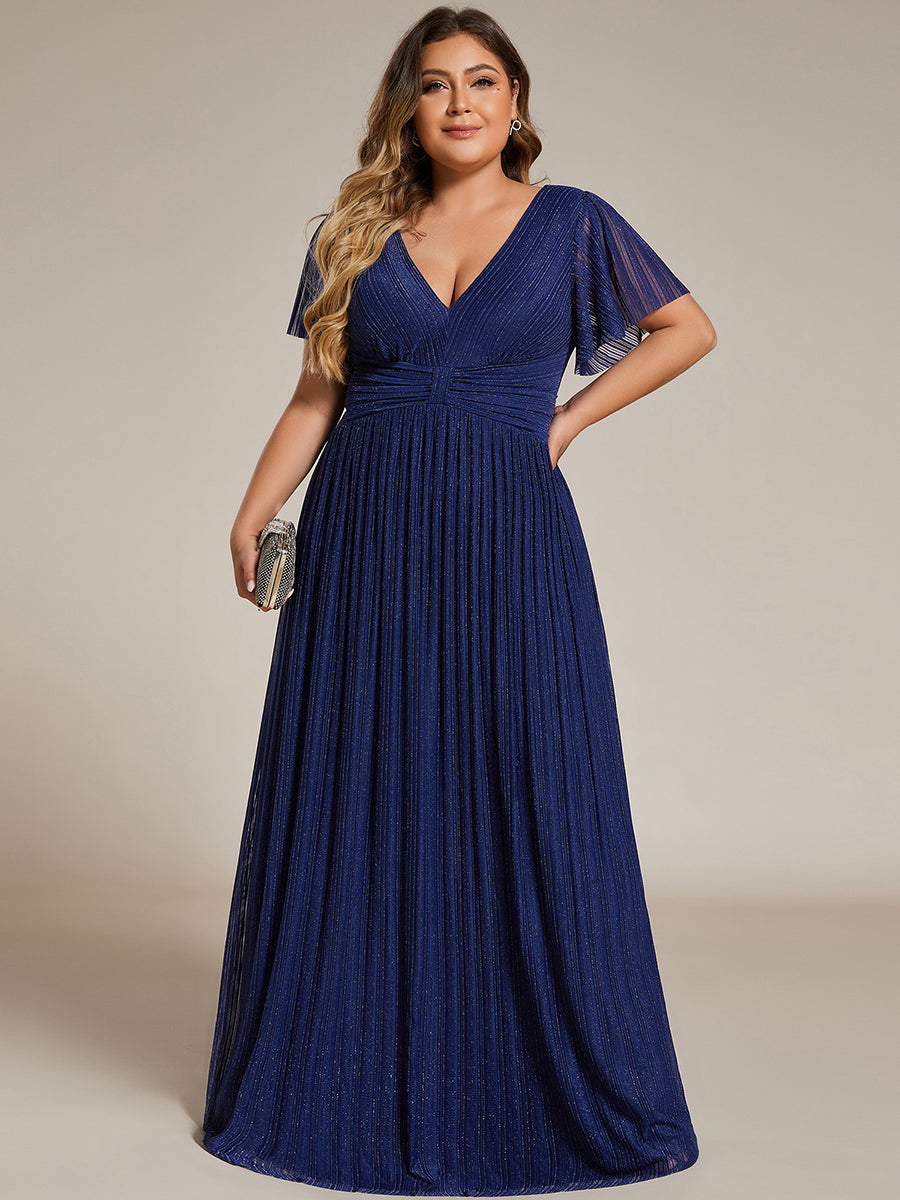 Bodenlanger V-Ausschnitt A-Linie Mesh Kleid Mit Falten Details Elegantes Abendkleid #Farbe_Marineblau