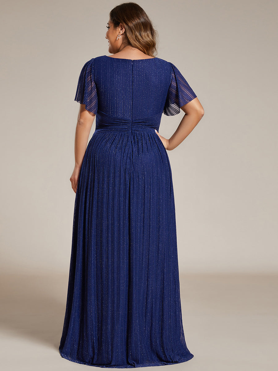 Bodenlanger V-Ausschnitt A-Linie Mesh Kleid Mit Falten Details Elegantes Abendkleid #Farbe_Marineblau