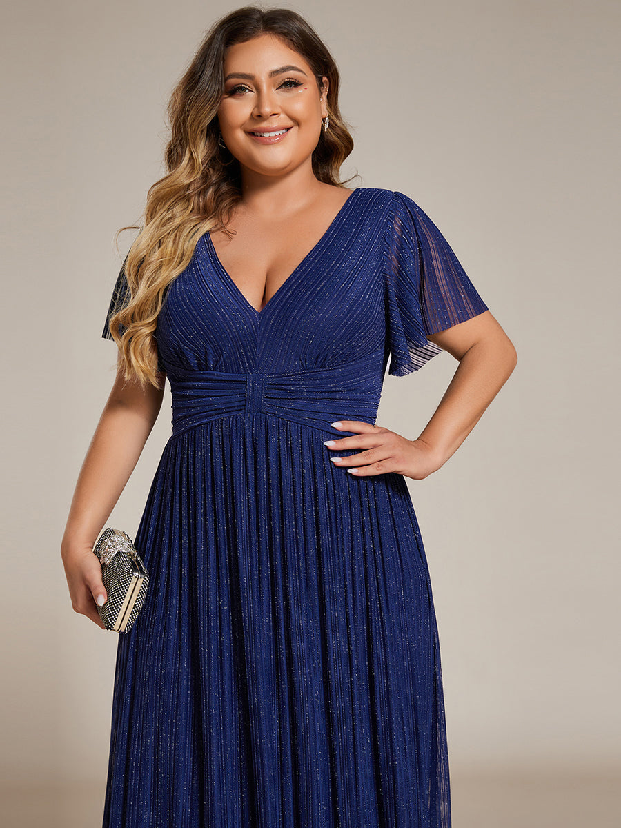 Bodenlanger V-Ausschnitt A-Linie Mesh Kleid Mit Falten Details Elegantes Abendkleid #Farbe_Marineblau