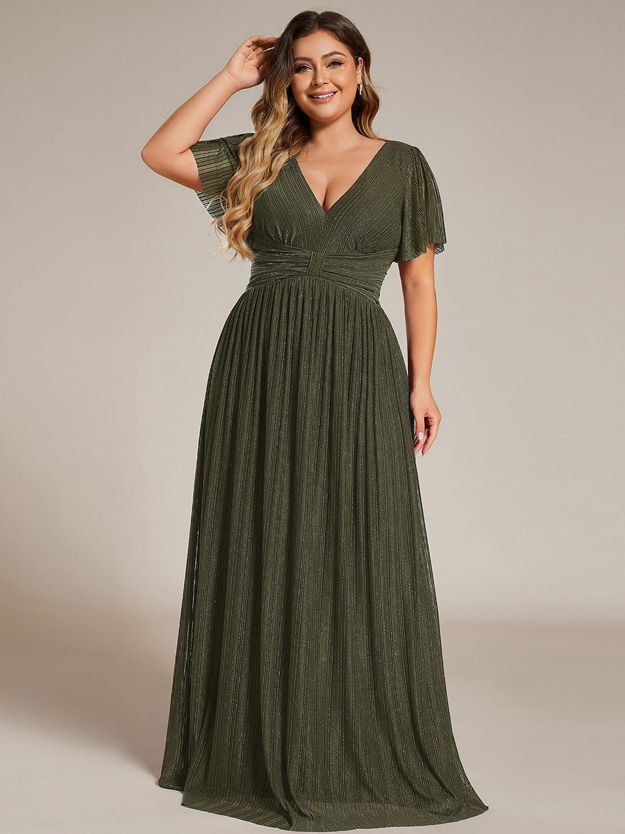 Bodenlanger V-Ausschnitt A-Linie Mesh Kleid Mit Falten Details Elegantes Abendkleid #Farbe_Olivgrün