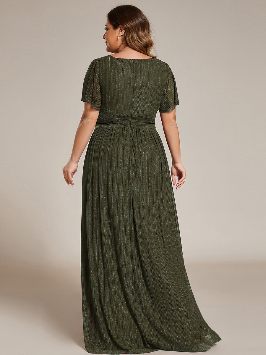 Bodenlanger V-Ausschnitt A-Linie Mesh Kleid Mit Falten Details Elegantes Abendkleid #Farbe_Olivgrün