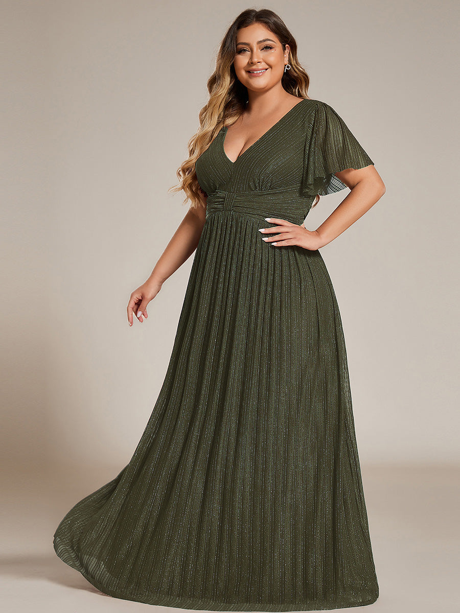 Bodenlanger V-Ausschnitt A-Linie Mesh Kleid Mit Falten Details Elegantes Abendkleid #Farbe_Olivgrün