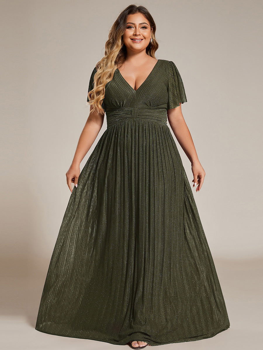 Bodenlanger V-Ausschnitt A-Linie Mesh Kleid Mit Falten Details Elegantes Abendkleid #Farbe_Olivgrün