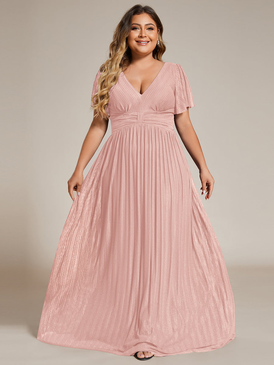 Bodenlanger V-Ausschnitt A-Linie Mesh Kleid Mit Falten Details Elegantes Abendkleid #Farbe_Pink