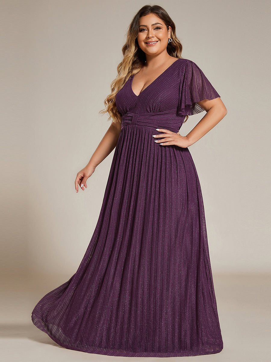 Bodenlanger V-Ausschnitt A-Linie Mesh Kleid Mit Falten Details Elegantes Abendkleid #Farbe_Glyzinienviolett