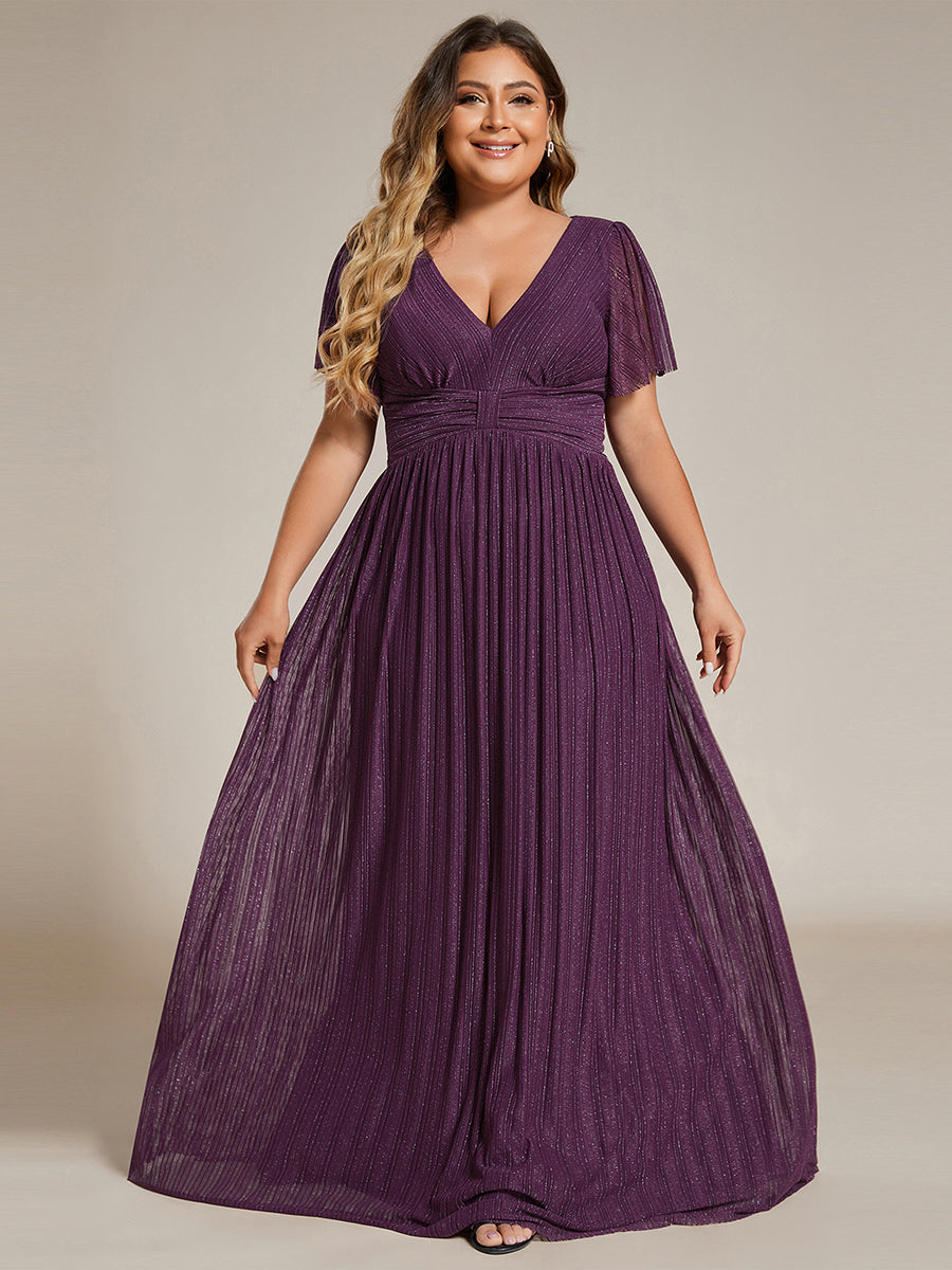 Bodenlanger V-Ausschnitt A-Linie Mesh Kleid Mit Falten Details Elegantes Abendkleid #Farbe_Glyzinienviolett