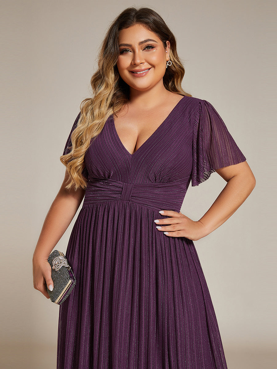 Bodenlanger V-Ausschnitt A-Linie Mesh Kleid Mit Falten Details Elegantes Abendkleid #Farbe_Glyzinienviolett