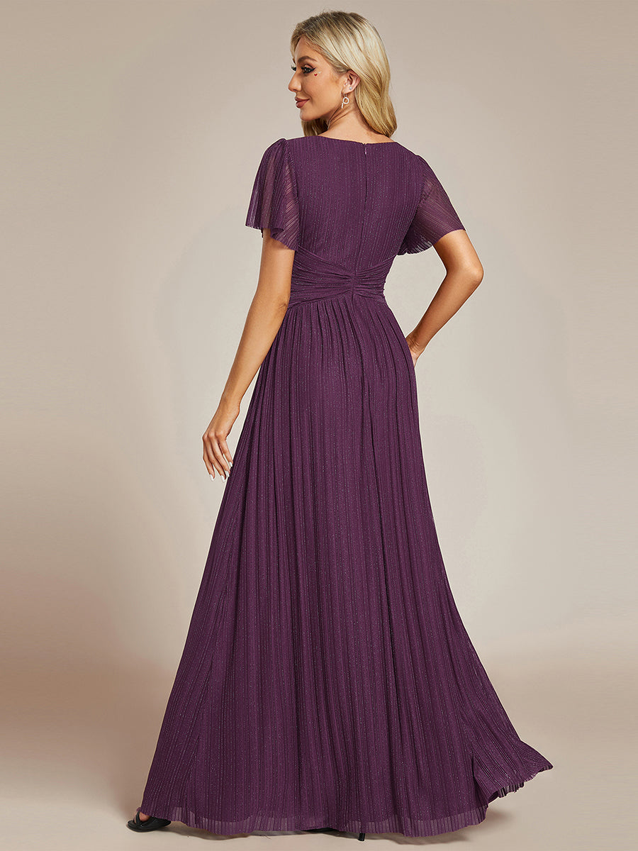 Bodenlanger V-Ausschnitt A-Linie Mesh Kleid Mit Falten Details Elegantes Abendkleid #Farbe_Glyzinienviolett