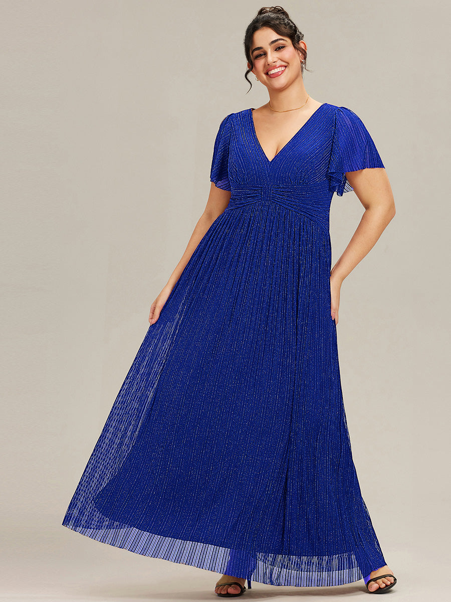 Bodenlanger V-Ausschnitt A-Linie Mesh Kleid Mit Falten Details Elegantes Abendkleid #Farbe_Saphirblau