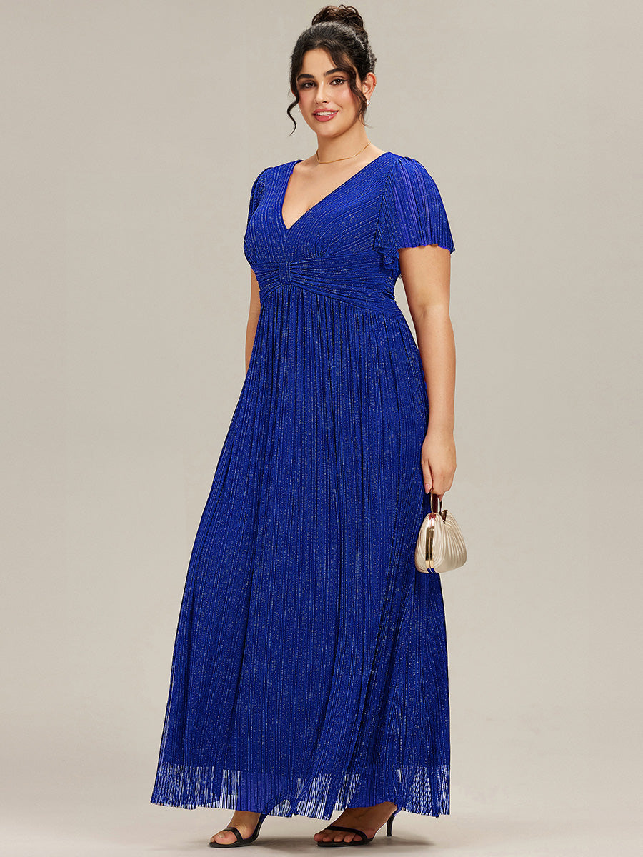 Bodenlanger V-Ausschnitt A-Linie Mesh Kleid Mit Falten Details Elegantes Abendkleid #Farbe_Saphirblau