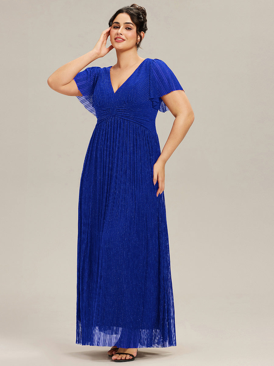 Bodenlanger V-Ausschnitt A-Linie Mesh Kleid Mit Falten Details Elegantes Abendkleid #Farbe_Saphirblau