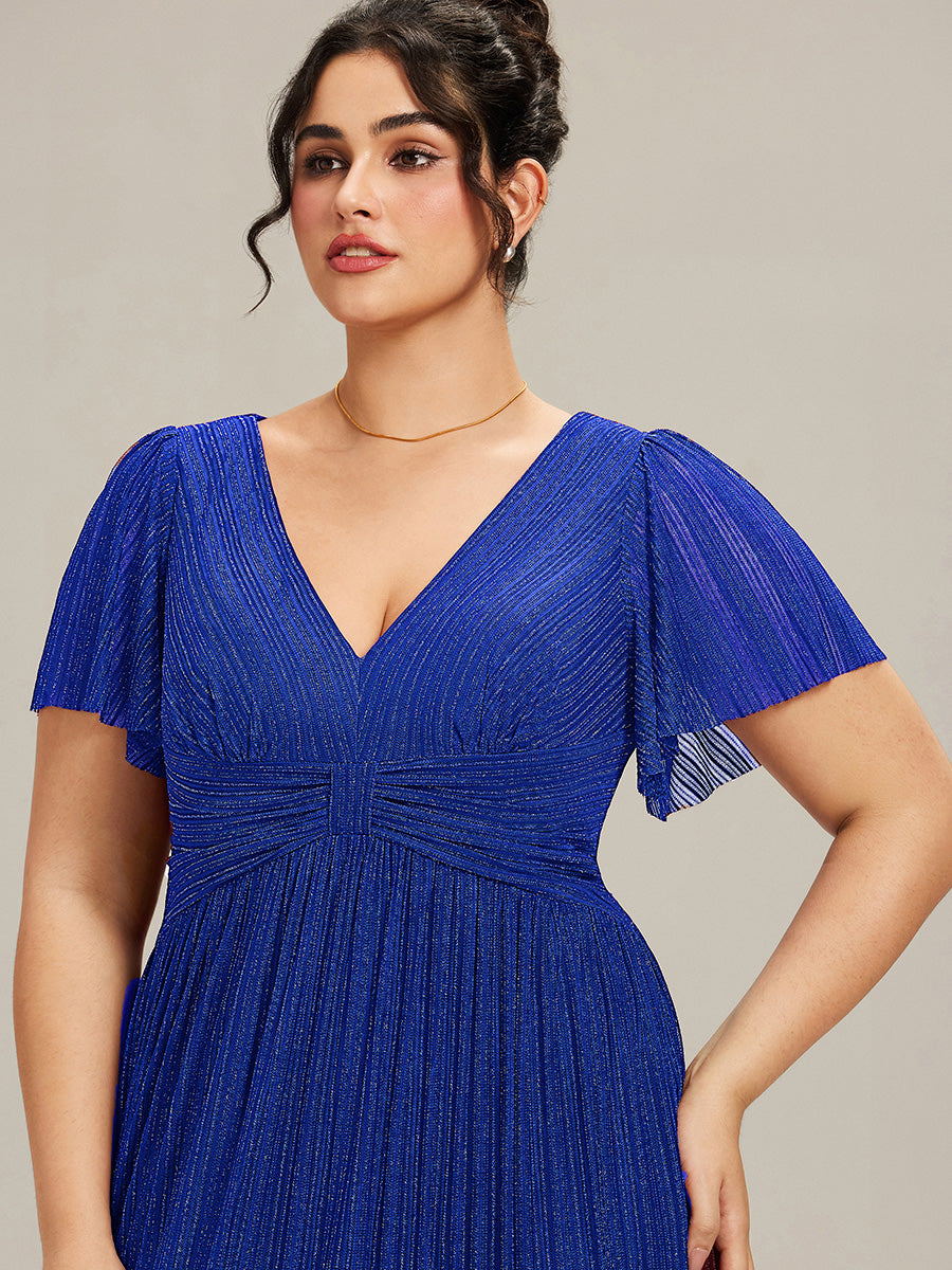 Bodenlanger V-Ausschnitt A-Linie Mesh Kleid Mit Falten Details Elegantes Abendkleid #Farbe_Saphirblau