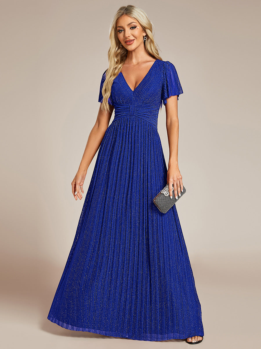Bodenlanger V-Ausschnitt A-Linie Mesh Kleid Mit Falten Details Elegantes Abendkleid #Farbe_Saphirblau