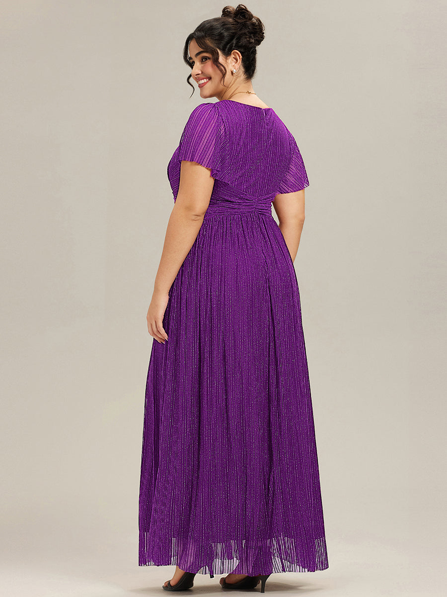 Bodenlanger V-Ausschnitt A-Linie Mesh Kleid Mit Falten Details Elegantes Abendkleid #Farbe_Traube