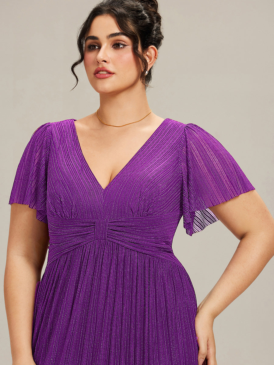 Bodenlanger V-Ausschnitt A-Linie Mesh Kleid Mit Falten Details Elegantes Abendkleid #Farbe_Traube