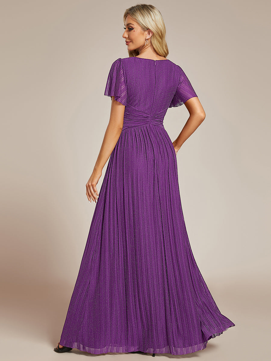 Bodenlanger V-Ausschnitt A-Linie Mesh Kleid Mit Falten Details Elegantes Abendkleid #Farbe_Traube