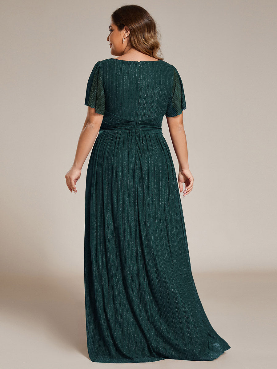 Bodenlanger V-Ausschnitt A-Linie Mesh Kleid Mit Falten Details Elegantes Abendkleid #Farbe_Petrol