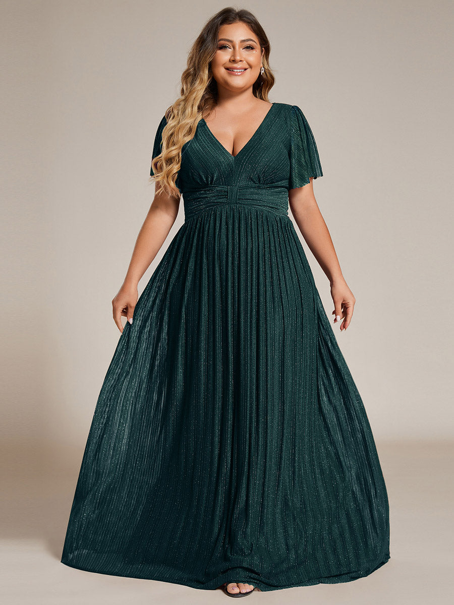 Bodenlanger V-Ausschnitt A-Linie Mesh Kleid Mit Falten Details Elegantes Abendkleid #Farbe_Petrol